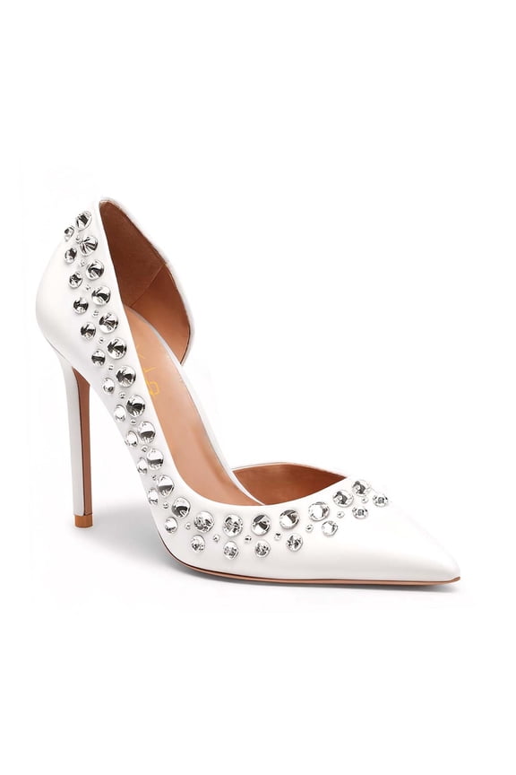 Women Slip-on Pumps D'Orsay High Heels Sparkling Crystals Closed Pointed Toe Formal Evening Shoes Size 5 White