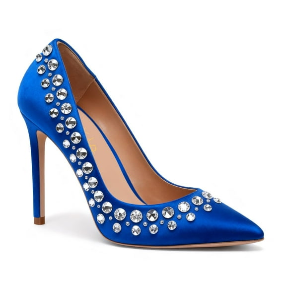 XYD Women Slip-on Pumps Stiletto High Heels Sparkling Crystals Closed Pointed Toe Formal Evening Shoes Size 7 Blue