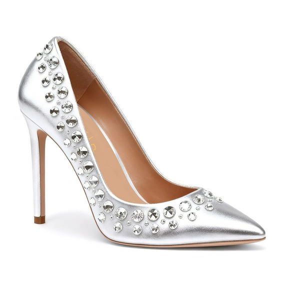 XYD Women Slip-on Pumps Stiletto High Heels Sparkling Crystals Closed Pointed Toe Formal Evening Shoes Size 7 Silver