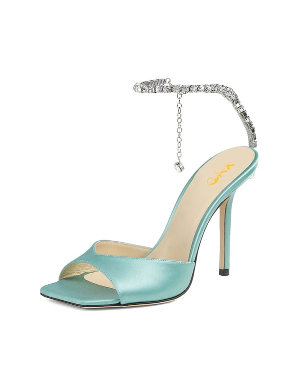 Women Sparkle Crystal Stiletto Heels Sandals Ankle Strap Square Open Toe Wedding Dress Pumps Shoes Size 4 Turquoise