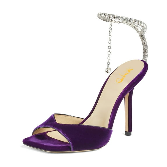 XYD Women Sparkle Crystal Stiletto Heels Sandals Ankle Strap Square Open Toe Wedding Dress Pumps Shoes Size 5 Purple