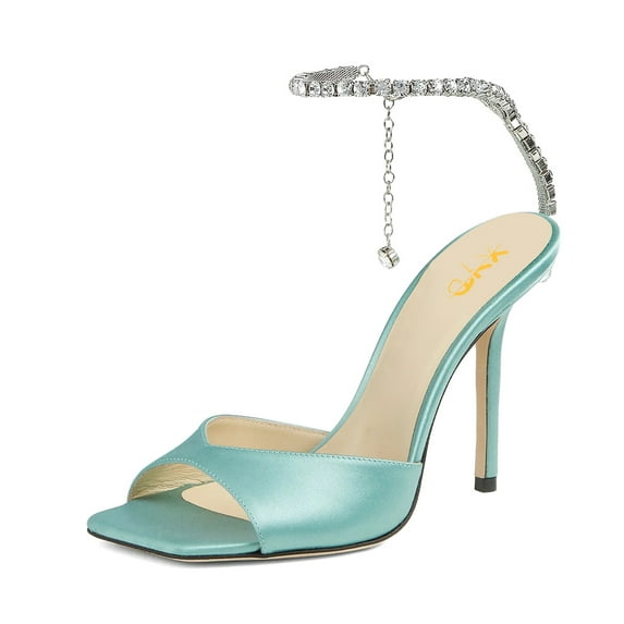 XYD Women Sparkle Crystal Stiletto Heels Sandals Ankle Strap Square Open Toe Wedding Dress Pumps Shoes Size 5 Turquoise
