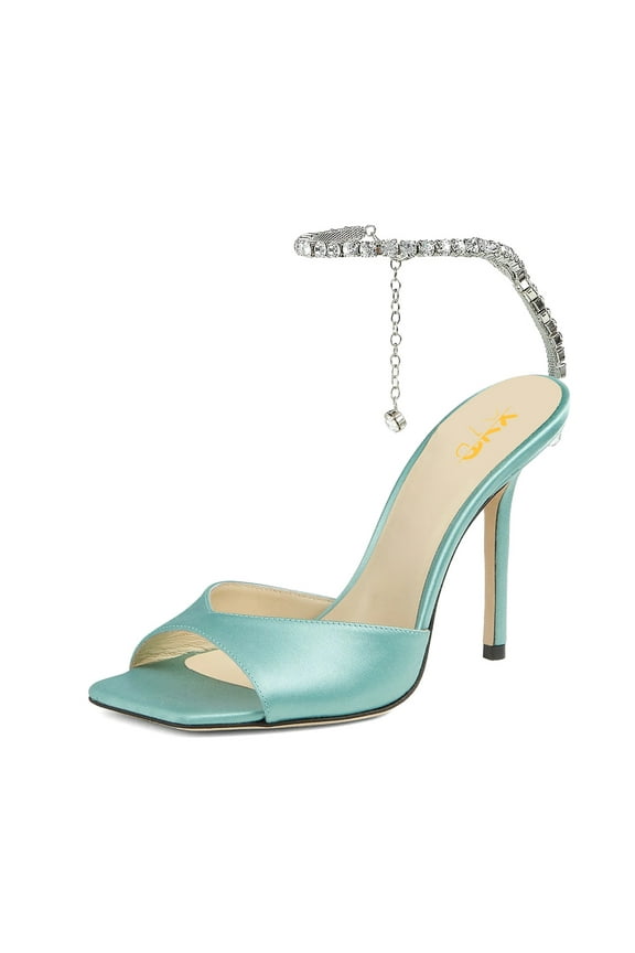 Women Sparkle Crystal Stiletto Heels Sandals Ankle Strap Square Open Toe Wedding Dress Pumps Shoes Size 7.5 Turquoise