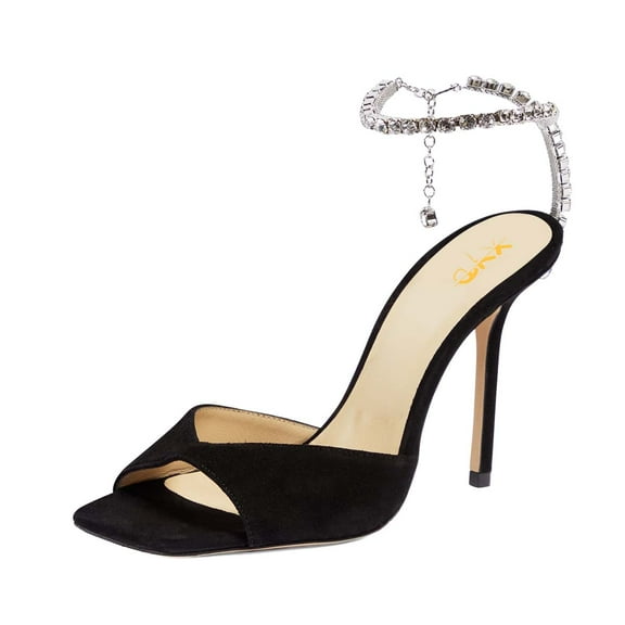 XYD Women Sparkle Crystal Stiletto Heels Sandals Ankle Strap Square Open Toe Wedding Dress Pumps Shoes Size 8.5 Black