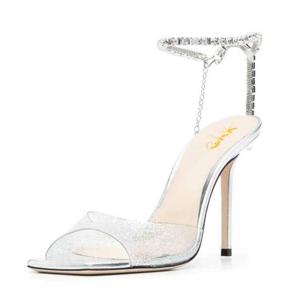 XYD Women Sparkle Crystal Stiletto Heels Sandals Ankle Strap Square Open Toe Wedding Dress Pumps Shoes Size 9.5 Silver Clear