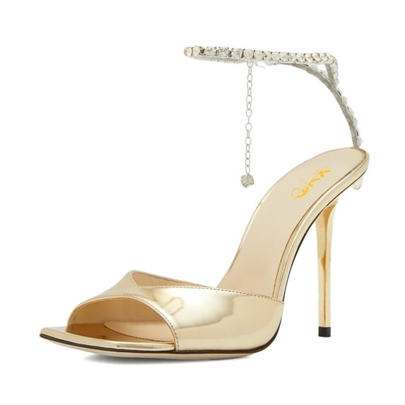 XYD Women Sparkle Crystal Stiletto Heels Sandals Ankle Strap Square Open Toe Wedding Dress Pumps Shoes Size 9 Gold