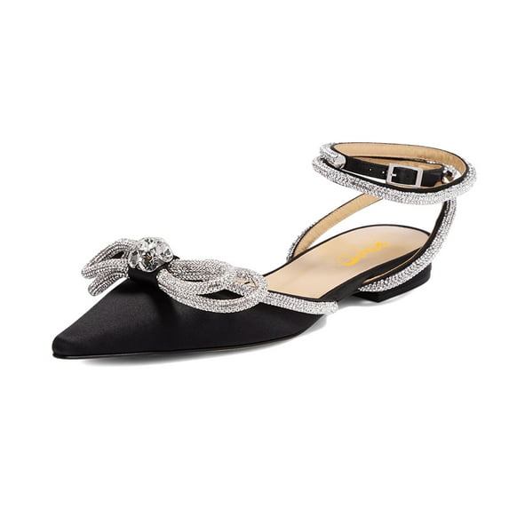 XYD Women Sparkle Pointed Closed Toe Slingback Flats Ankle Wrap Strappy Double Bow Crystal Evening Shoes Size 6 Black