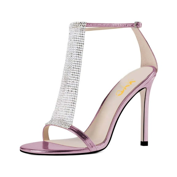 XYD Women Sparkle Rhinestones Open Toe T-Bar Stiletto High Heel Ankle Strap Buckled Cocktail Party Shoes Size 7 Pink