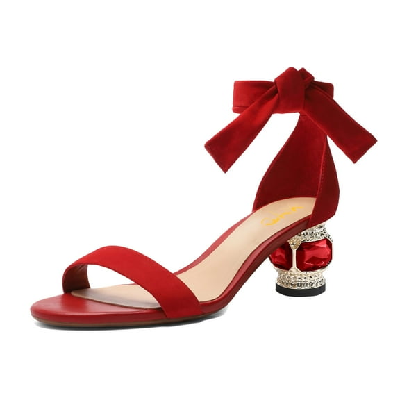 XYD Women Sparkling Open Toe Tie Up Ankle Strap Sandals Crystal Block Short Heel Wedding Prom Shoes Size 9.5 Red