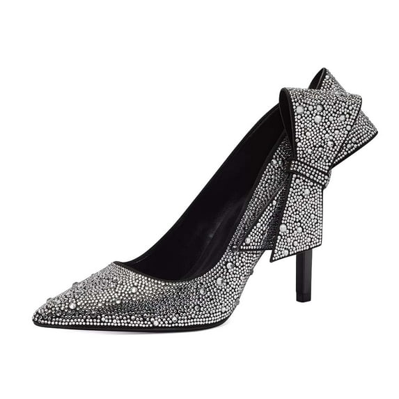XYD Women Sparkly Glitter Rhinestone Pointy Close Toe Pumps Slip On Stiletto Evening High Heel Side Bow Dress Shoes Size 7 Silver
