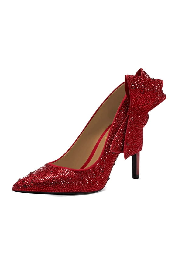 Women Sparkly Glitter Rhinestone Pointy Close Toe Pumps Slip On Stiletto Evening High Heel Side Bow Dress Shoes Size 9.5 Red
