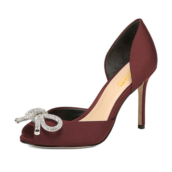 XYD Women Sparkly Rhinestones Bowknot Peep Toe Sandals D'Orsay Stiletto High Heel Pumps Slip On Party Dressy Shoes Size 6.5 Red