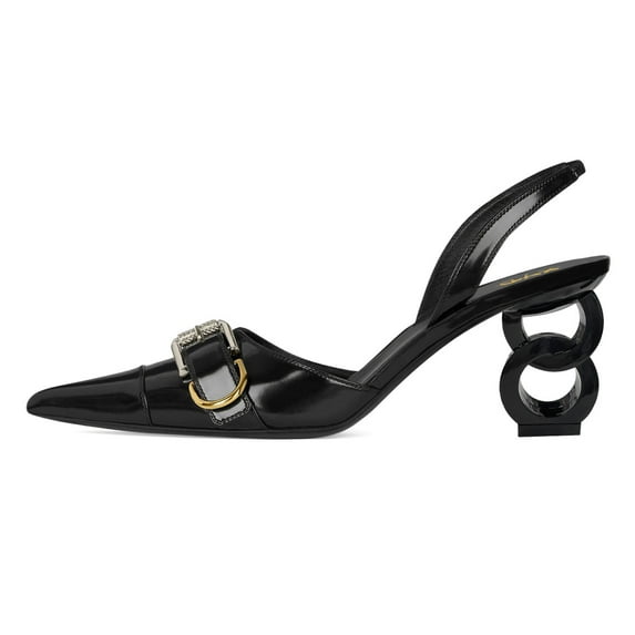 XYD Women Special Double Circle Mid Heels Slip-on Slingbacks Pumps Metal Buckle Pointed Closed Toe Party Office Shoes Size 10.5 Black