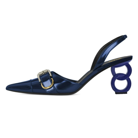 XYD Women Special Double Circle Mid Heels Slip-on Slingbacks Pumps Metal Buckle Pointed Closed Toe Party Office Shoes Size 13.5 Blue