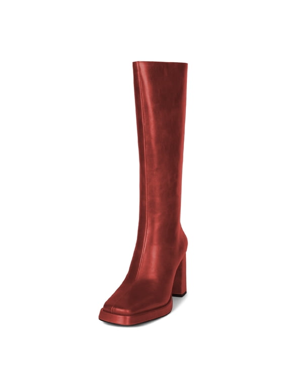 Women Square Closed Toe Chunky Wide High Heel Booties Low Platform Pull On Knee High Boots Winter Party Shoes Size 4 Red