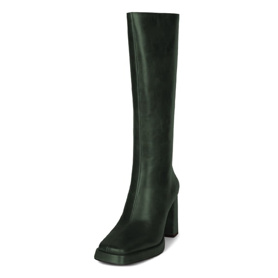 XYD Women Square Closed Toe Chunky Wide High Heel Booties Low Platform Pull On Knee High Boots Winter Party Shoes Size 7.5 Green