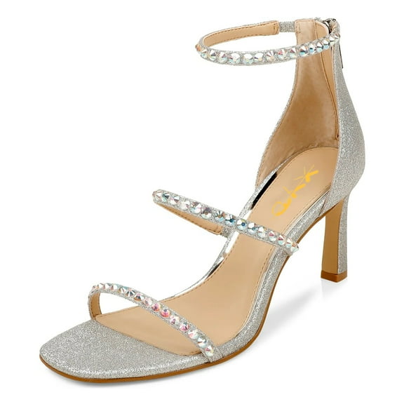 XYD Women Square Open Toe Mid Thin Heels Rhinestone Studded Ankle Strap Sandals Dress Party Zipper Shoes Size 6.5 Silver