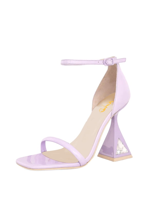 Women Square Open Toe Sandals Flared High Heel with Crystals Buckle Ankle Strap Pumps Bridal Party Shoes Size 9 Purple