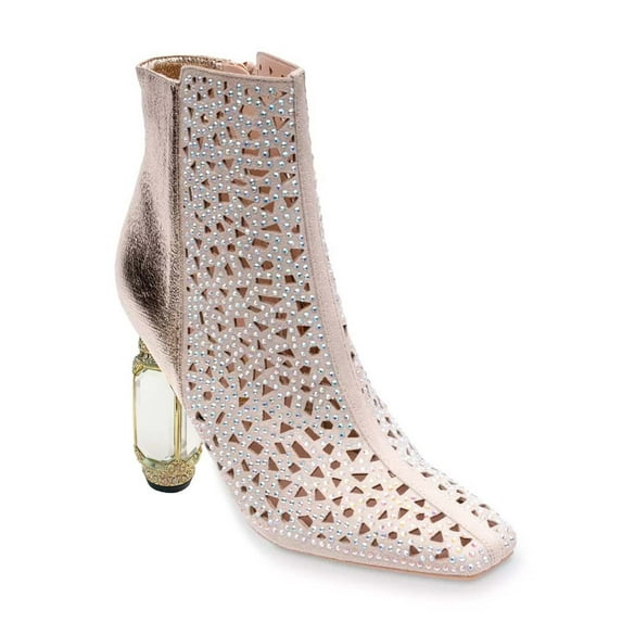 XYD Women Square Toe Rhinestone Ankle Boots Inner Side Zipper Crystal Chunky High Heels Fashion Dress Evening Booties Size 10.5 Pink