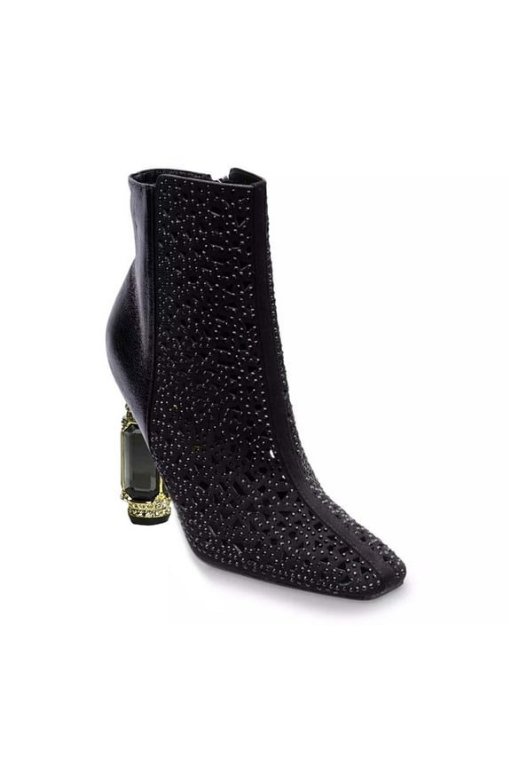 Women Square Toe Rhinestone Ankle Boots Inner Side Zipper Crystal Chunky High Heels Fashion Dress Evening Booties Size 5 Black
