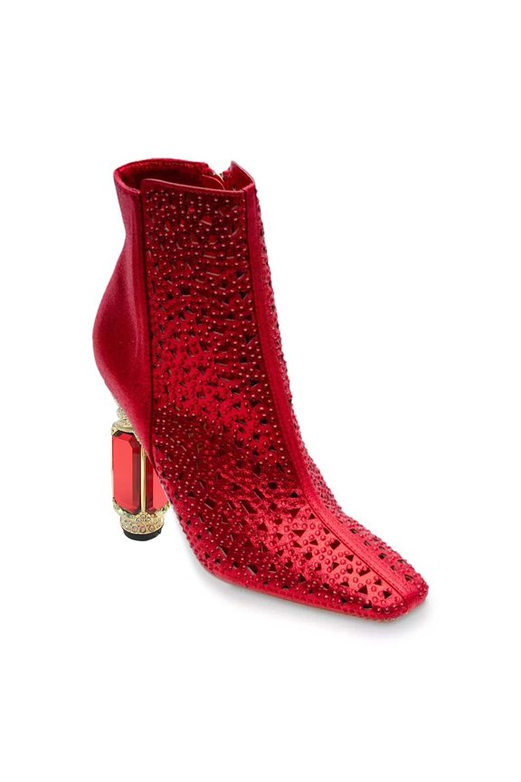 Women Square Toe Rhinestone Ankle Boots Inner Side Zipper Crystal Chunky High Heels Fashion Dress Evening Booties Size 5 Red