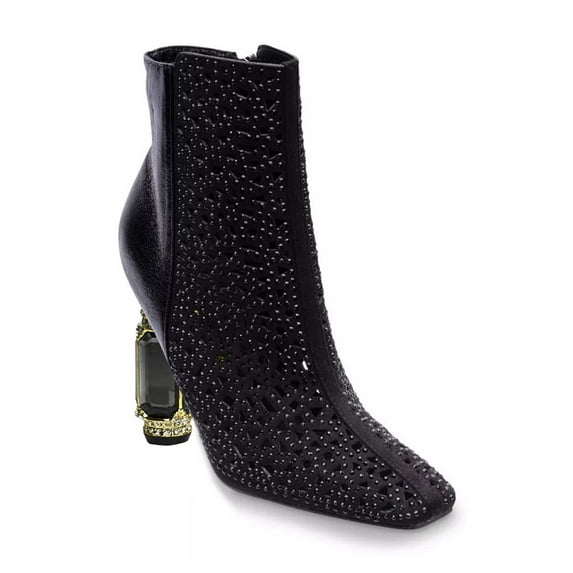 XYD Women Square Toe Rhinestone Ankle Boots Inner Side Zipper Crystal Chunky High Heels Fashion Dress Evening Booties Size 7 Black