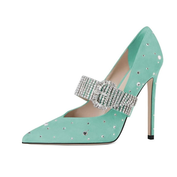 XYD Women Stiletto Heel Crystal Studded Pumps Rhinestone Strap Pointed Toe Mary Jane Dress Party Shoes Size 11 Turquoise