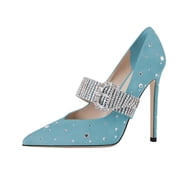 XYD Women Stiletto Heel Crystal Studded Pumps Rhinestone Strap Pointed Toe Mary Jane Dress Party Shoes Size 16 Blue