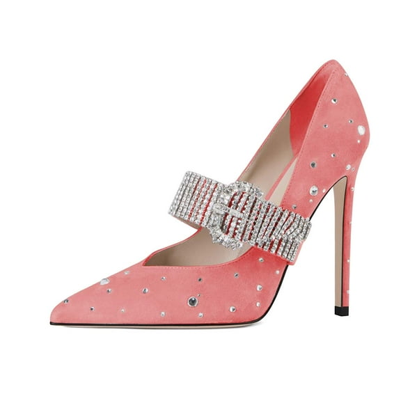 XYD Women Stiletto Heel Crystal Studded Pumps Rhinestone Strap Pointed Toe Mary Jane Dress Party Shoes Size 4 Pink