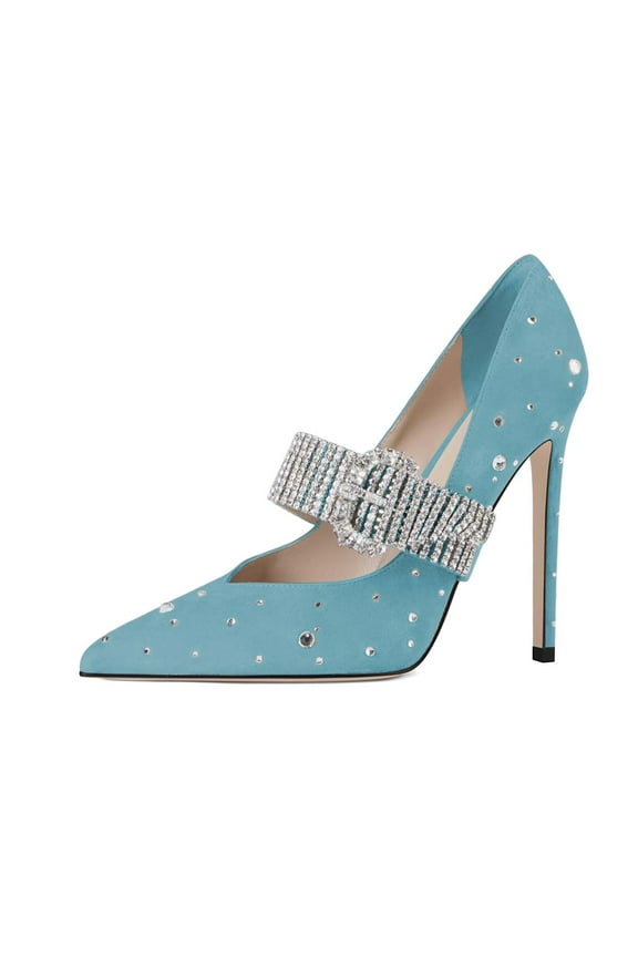 Women Stiletto Heel Crystal Studded Pumps Rhinestone Strap Pointed Toe Mary Jane Dress Party Shoes Size 5 Blue