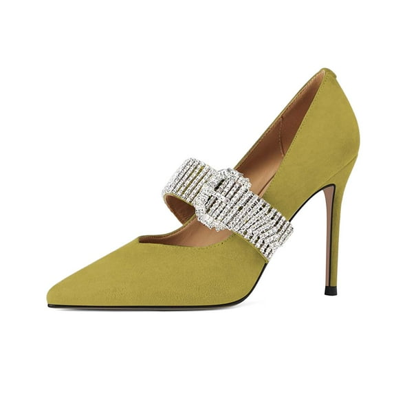 XYD Women Stiletto Heel Pumps Rhinestone Strap Close Pointed Toe Mary Jane Dress Party Shoes Size 5 Olive