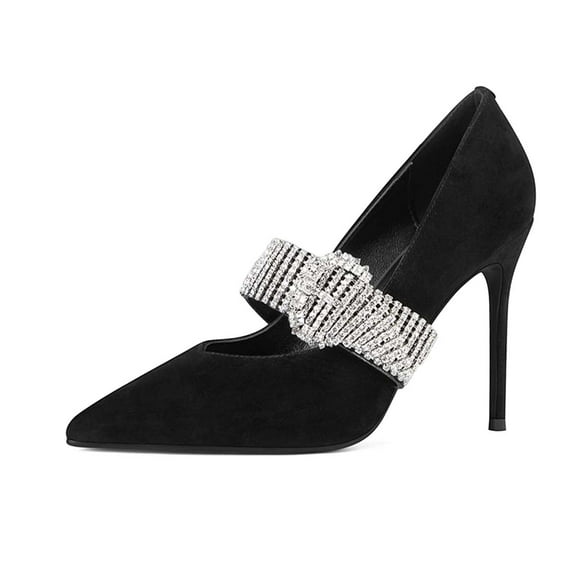 XYD Women Stiletto Heel Pumps Rhinestone Strap Close Pointed Toe Mary Jane Dress Party Shoes Size 6 Black