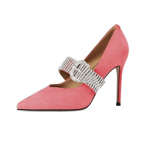 XYD Women Stiletto Heel Pumps Rhinestone Strap Close Pointed Toe Mary Jane Dress Party Shoes Size 7 Pink