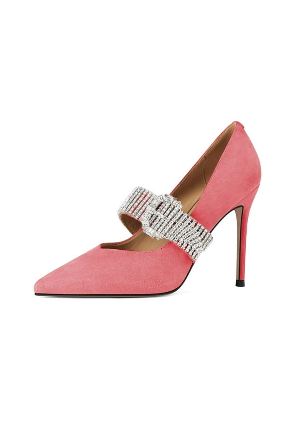 Women Stiletto Heel Pumps Rhinestone Strap Close Pointed Toe Mary Jane Dress Party Shoes Size 7 Pink