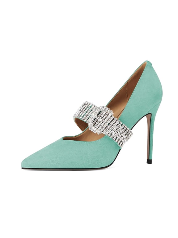 Women Stiletto Heel Pumps Rhinestone Strap Close Pointed Toe Mary Jane Dress Party Shoes Size 9 Turquoise