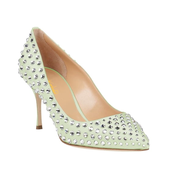 XYD Women Stiletto Mid Heels Rhinestones Studded Pointed Toe Pumps Sparkly Bridal Evening Shoes Size 16 Green