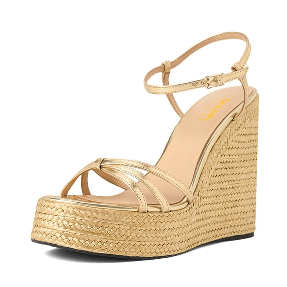 XYD Women Straw Wedge Platform High Heels Sandals Round Open Toe Ankle Strap Espadrilles Party Shoes Size 4.5 Gold