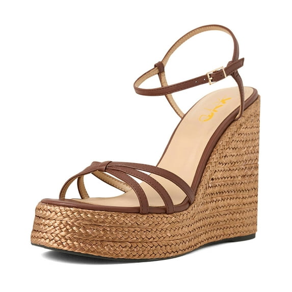 XYD Women Straw Wedge Platform High Heels Sandals Round Open Toe Ankle Strap Espadrilles Party Shoes Size 5.5 Brown