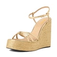 thumbnail image 1 of XYD Women Straw Wedge Platform High Heels Sandals Round Open Toe Ankle Strap Espadrilles Party Shoes Size 7 Gold, 1 of 4