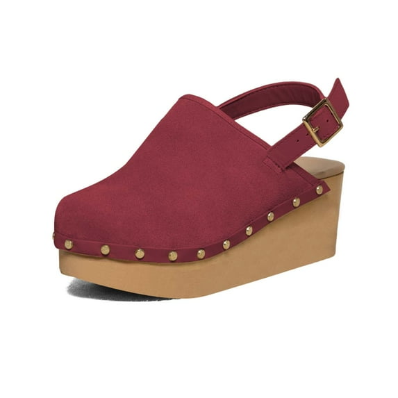 XYD Women Studded Round Closed Toe Slingback Buckle Sandals Wedge Heel Platform Mule Daily Walking Shoes Size 14 Red