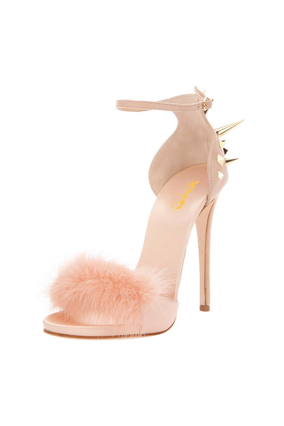 Women Stylish Buckled Ankle Strap Sandals Stiletto High Heels Back Spike Rivets Open Toe Fuzzy Party Club Shoes Size 13 Pink