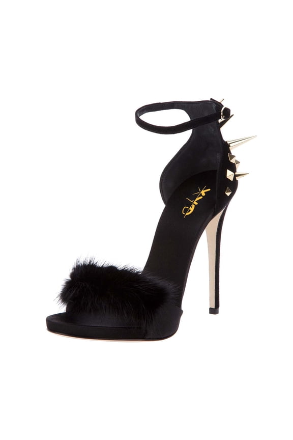 Women Stylish Buckled Ankle Strap Sandals Stiletto High Heels Back Spike Rivets Open Toe Fuzzy Party Club Shoes Size 4 Black