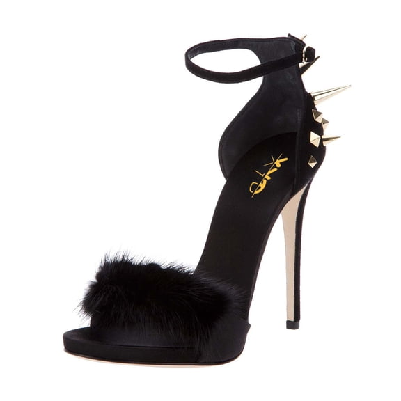 XYD Women Stylish Buckled Ankle Strap Sandals Stiletto High Heels Back Spike Rivets Open Toe Fuzzy Party Club Shoes Size 6.5 Black