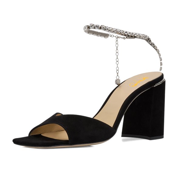 XYD Women Stylish Chunky High Heel Sandals Rhinestones Chain Ankle Strap Square Open Toe Pumps Party Prom Shoes Size 16 Black
