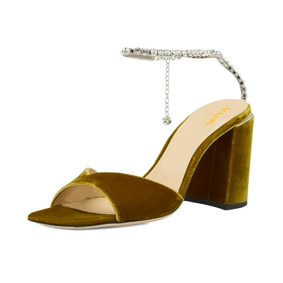 XYD Women Stylish Chunky High Heel Sandals Rhinestones Chain Ankle Strap Square Open Toe Pumps Party Prom Shoes Size 4 Citrine Velvet