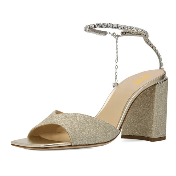 XYD Women Stylish Chunky High Heel Sandals Rhinestones Chain Ankle Strap Square Open Toe Pumps Party Prom Shoes Size 7 Gold Glitter