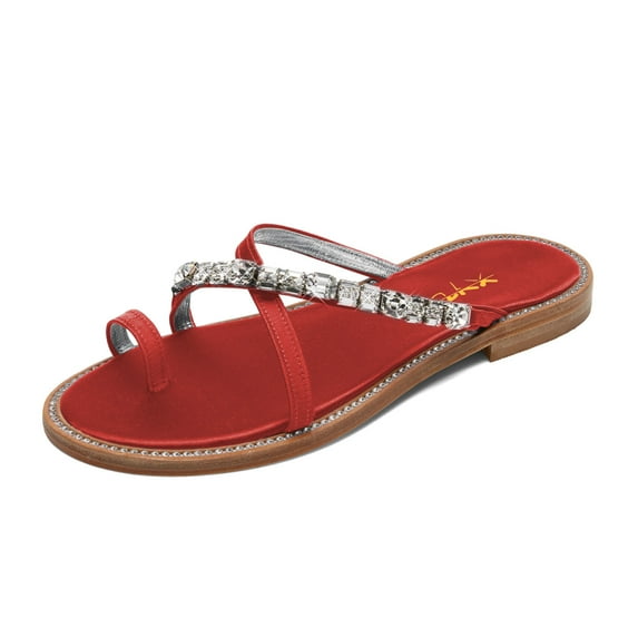 XYD Women Stylish Open Split Toe Crossed Strap Sandals Crystal Studded Flats Comfortable Beach Daily Shoes Size 4 Red