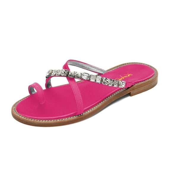 XYD Women Stylish Open Split Toe Crossed Strap Sandals Crystal Studded Flats Comfortable Beach Daily Shoes Size 7 Pink