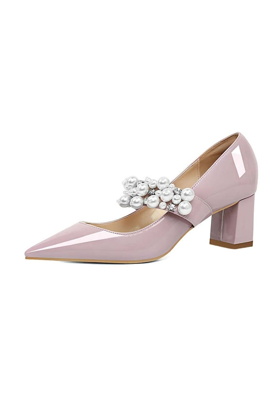 Women Stylish Pearl Studs Single Strap Pointed Toe Pumps Mary Jane Chunky Heels Party Dress Shoes Size 9 Light Pink