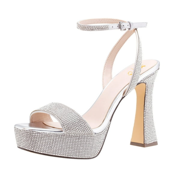 XYD Women Stylish Rhinestone Studs Platform Block High Heel Sandals Square Open Toe Ankle Buckle Strap Bridal Shoes Size 10 Silver